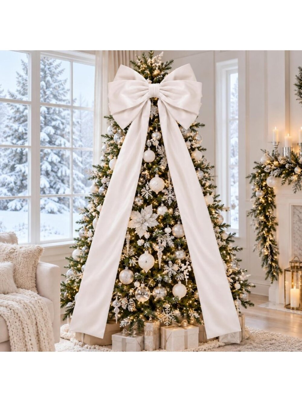 Extra Large White Velvet Christmas Bow Set - 27"x78" Holiday Decor, Gift Wrap